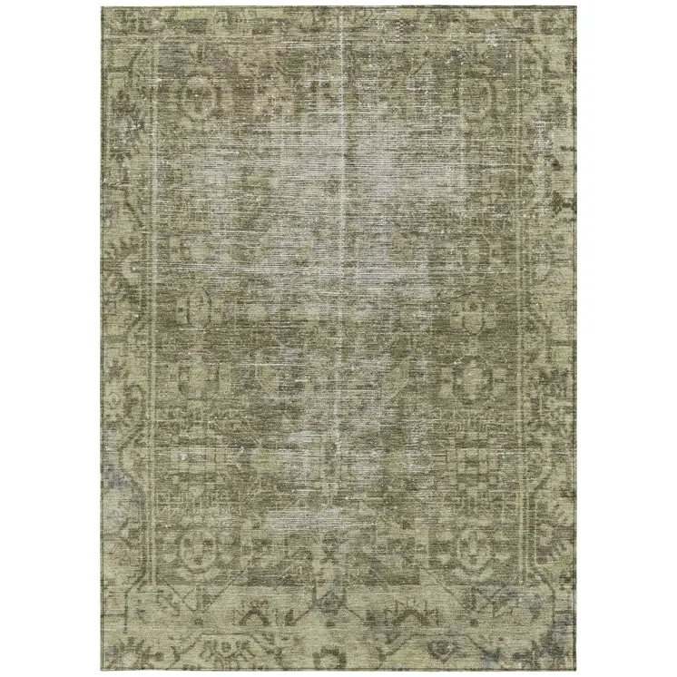3' X 5' Olive Green Oriental Washable Indoor Outdoor Area Rug