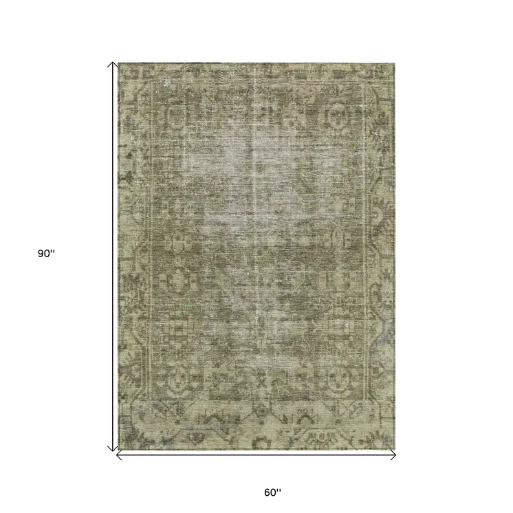 5' X 8' Olive Green Oriental Washable Indoor Outdoor Area Rug