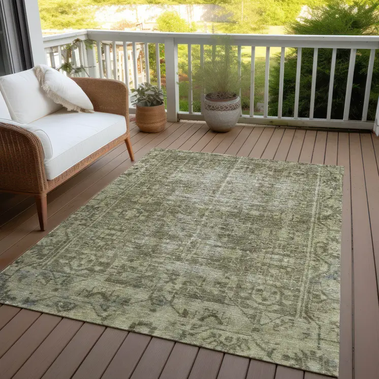 5' X 8' Olive Green Oriental Washable Indoor Outdoor Area Rug
