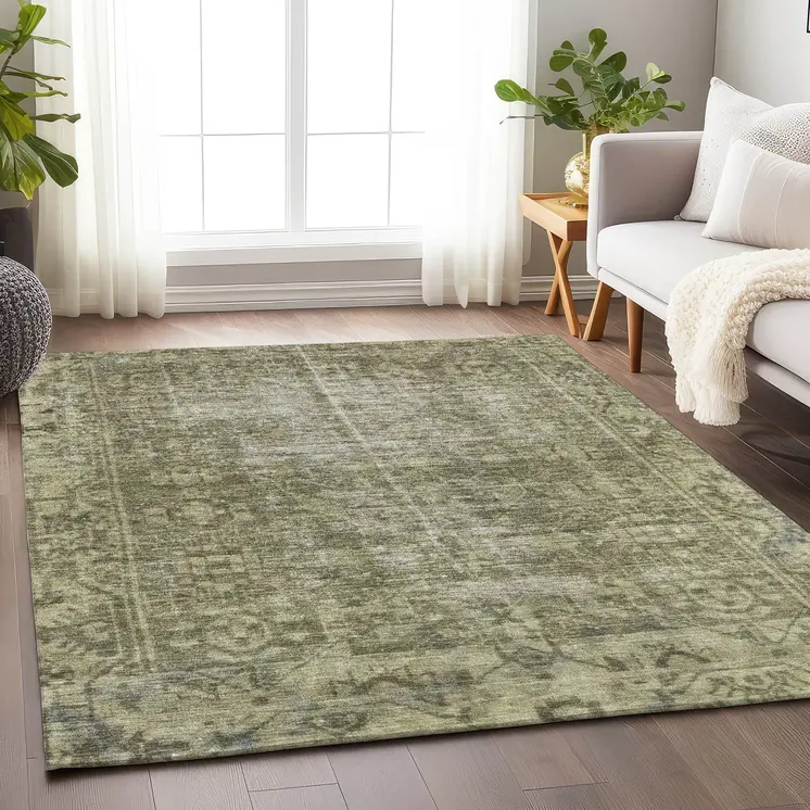 5' X 8' Olive Green Oriental Washable Indoor Outdoor Area Rug
