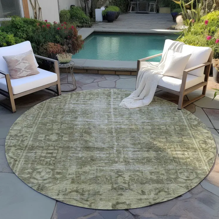 8' Olive Green Round Oriental Washable Indoor Outdoor Area Rug