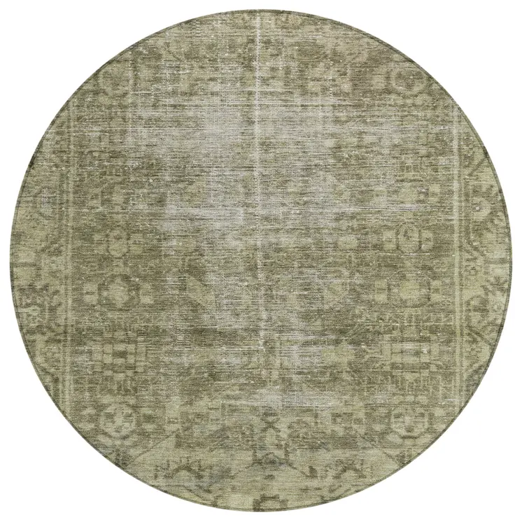 8' Olive Green Round Oriental Washable Indoor Outdoor Area Rug