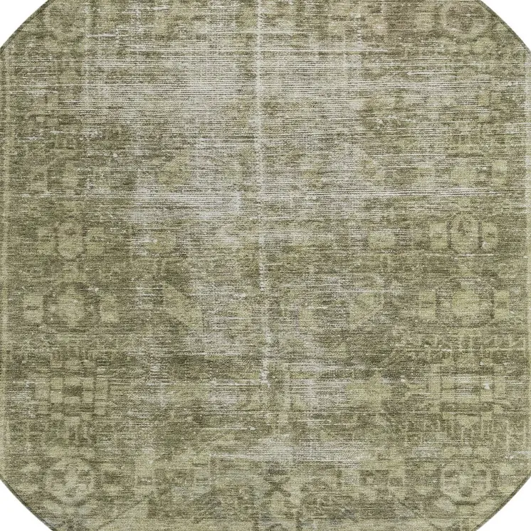 8' Olive Green Round Oriental Washable Indoor Outdoor Area Rug