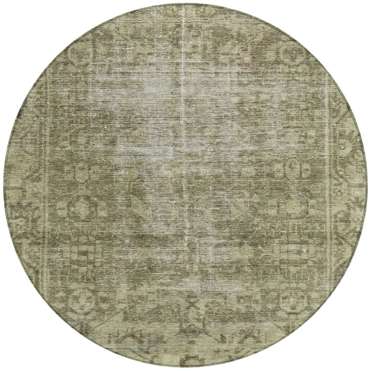 8' Olive Green Round Oriental Washable Indoor Outdoor Area Rug