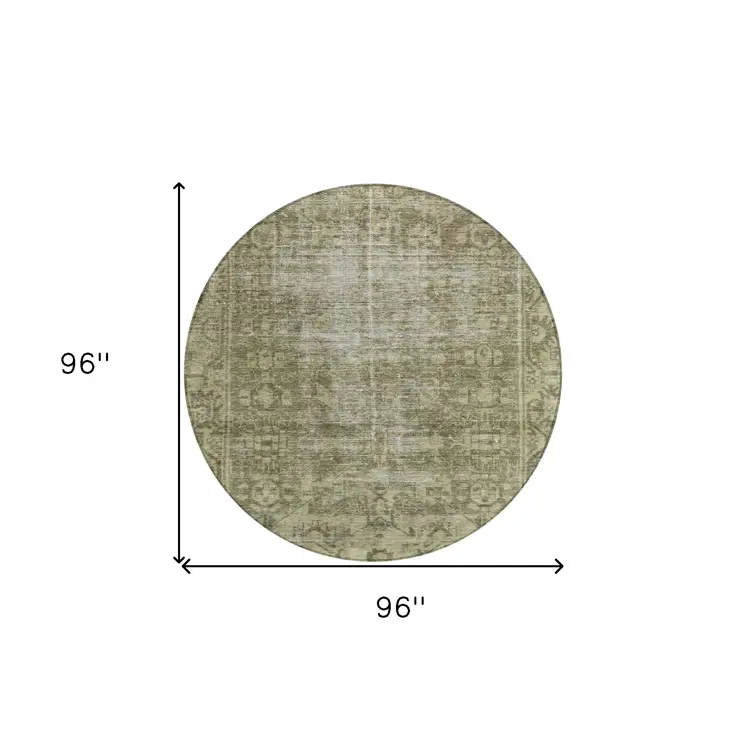 8' Olive Green Round Oriental Washable Indoor Outdoor Area Rug