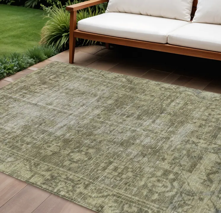 10' X 14' Olive Green Oriental Washable Indoor Outdoor Area Rug