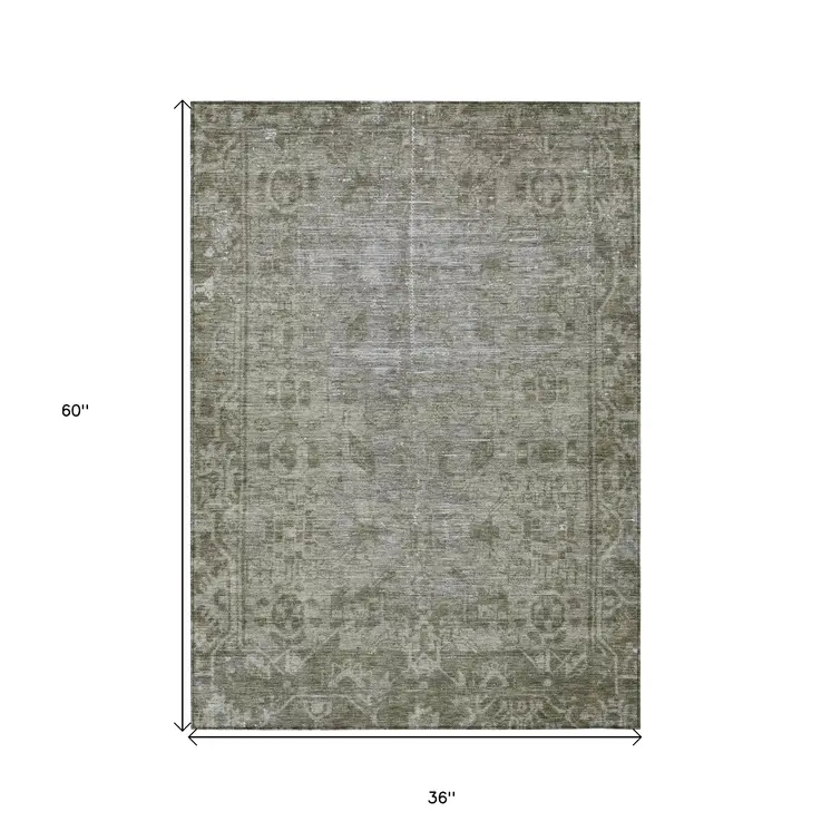 3' X 5' Taupe Oriental Washable Indoor Outdoor Area Rug