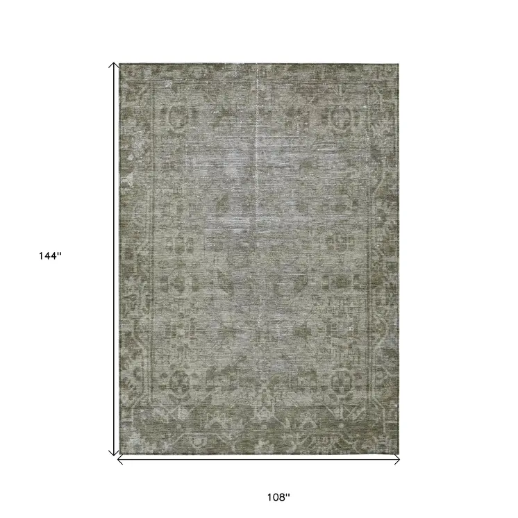 9' X 12' Taupe Oriental Washable Indoor Outdoor Area Rug
