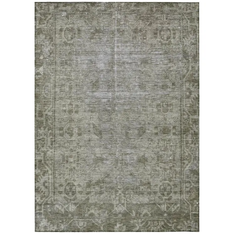 9' X 12' Taupe Oriental Washable Indoor Outdoor Area Rug