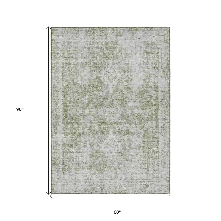 5' X 8' Artichoke Green Oriental Washable Indoor Outdoor Area Rug