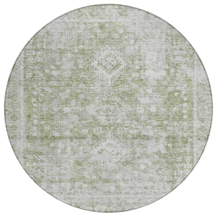 8' Artichoke Green Round Oriental Washable Indoor Outdoor Area Rug