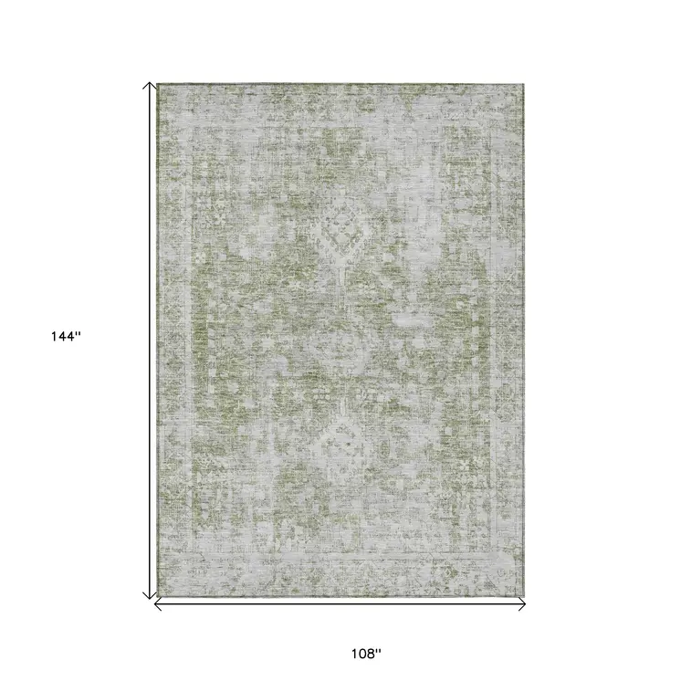 9' X 12' Artichoke Green Oriental Washable Indoor Outdoor Area Rug