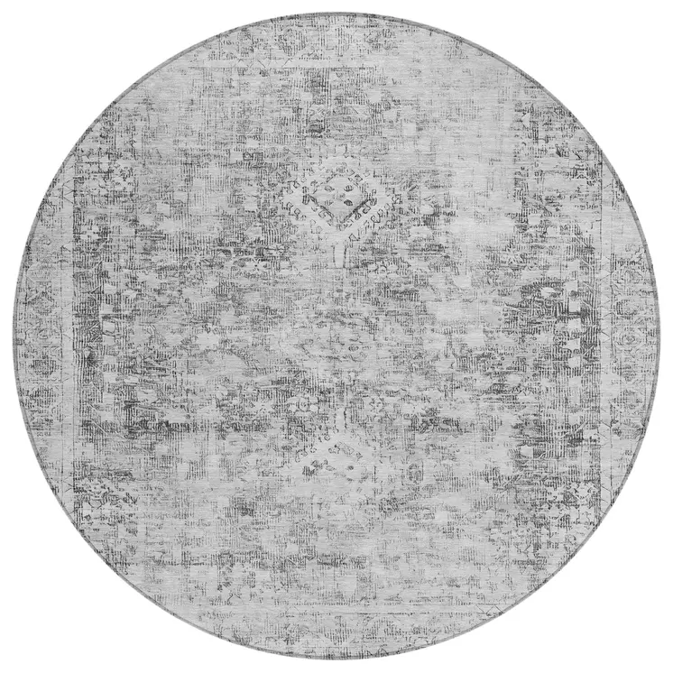 8' Charcoal Round Oriental Washable Indoor Outdoor Area Rug