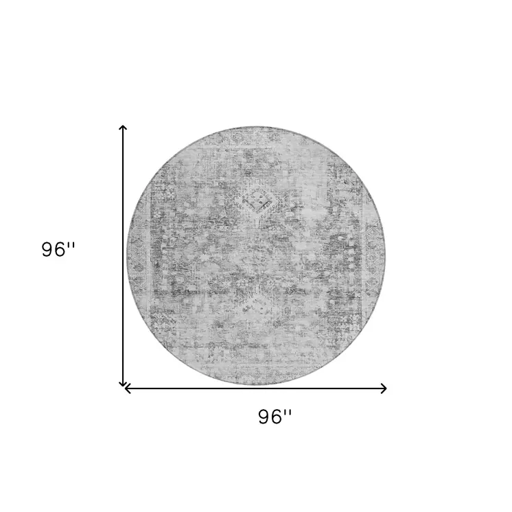 8' Charcoal Round Oriental Washable Indoor Outdoor Area Rug