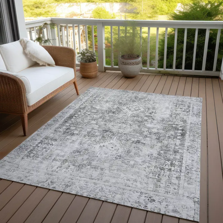 9' X 12' Charcoal Oriental Washable Indoor Outdoor Area Rug