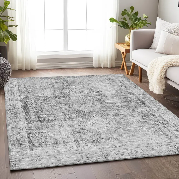 9' X 12' Charcoal Oriental Washable Indoor Outdoor Area Rug