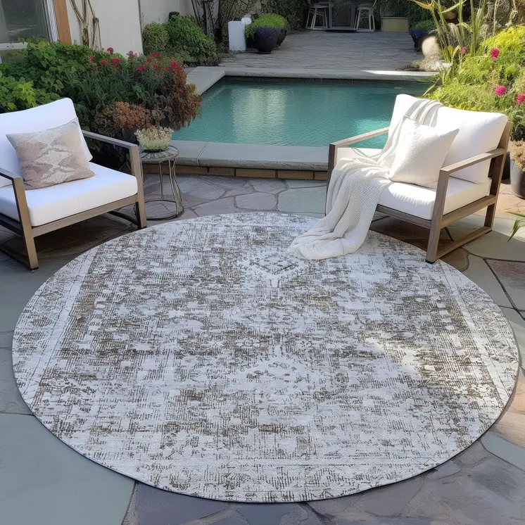 8' Chocolate Round Oriental Washable Indoor Outdoor Area Rug