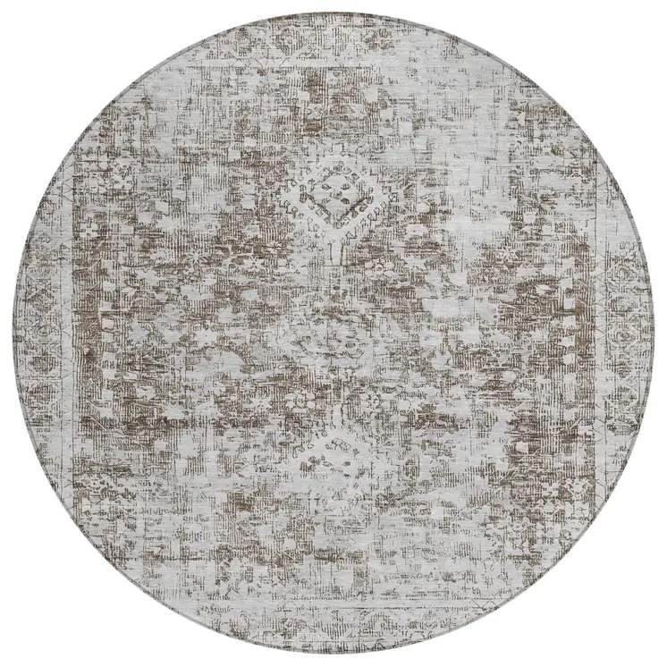 8' Chocolate Round Oriental Washable Indoor Outdoor Area Rug