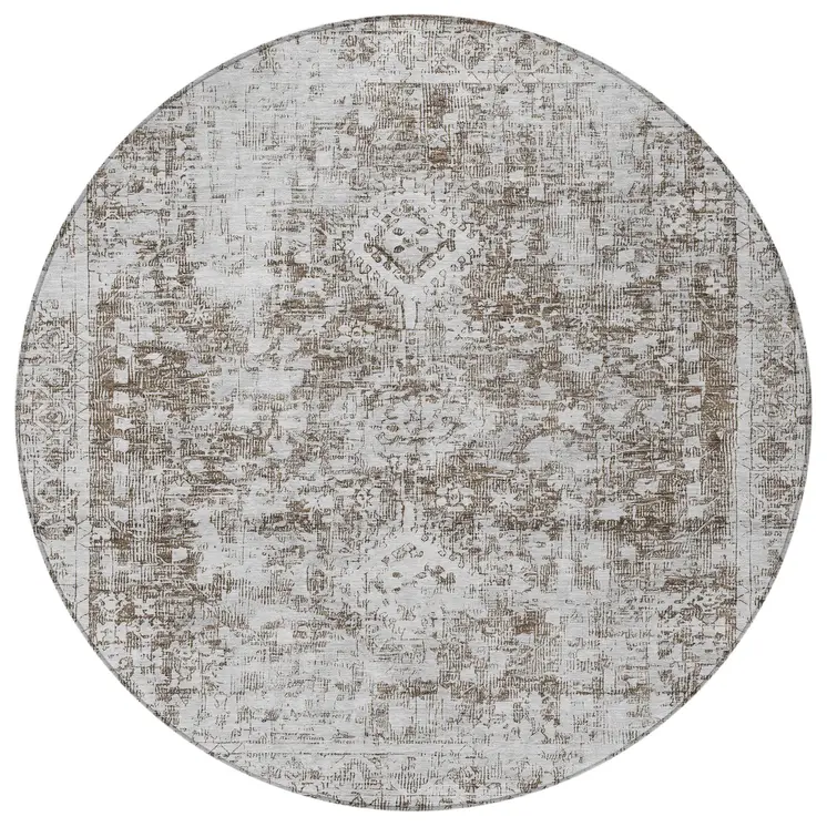 8' Chocolate Round Oriental Washable Indoor Outdoor Area Rug