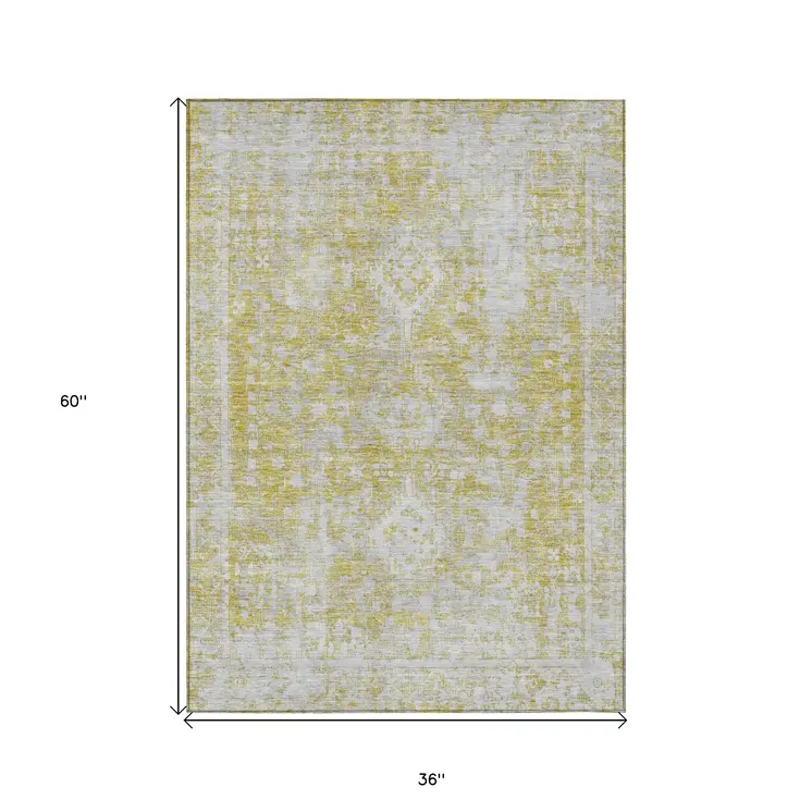 3' X 5' Gold Oriental Washable Indoor Outdoor Area Rug