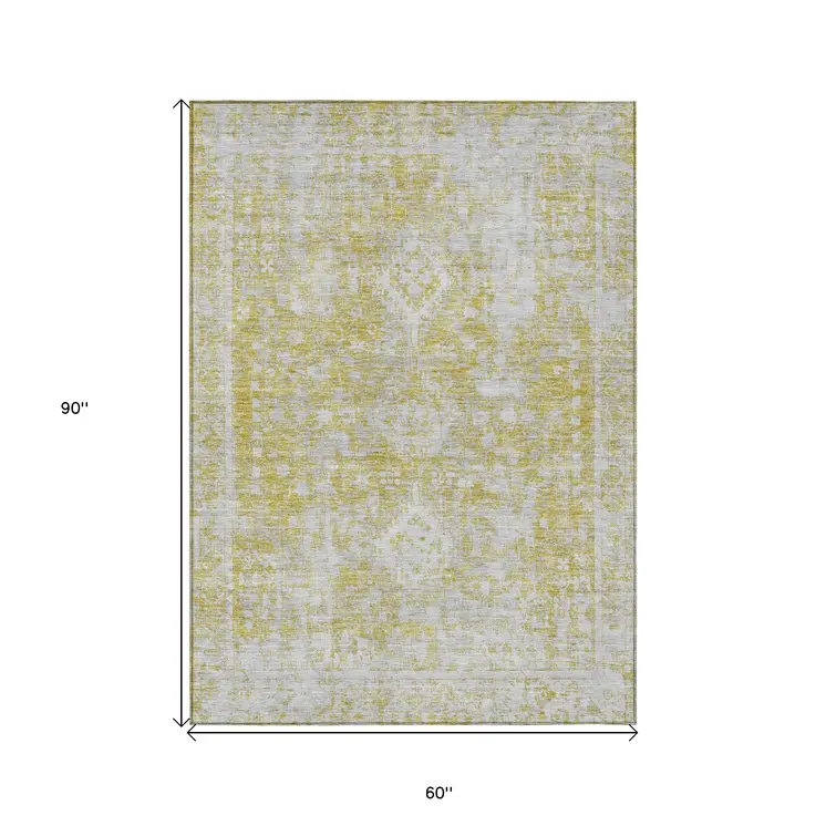 5' X 8' Gold Oriental Washable Indoor Outdoor Area Rug