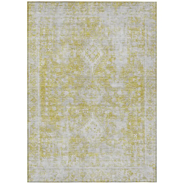 5' X 8' Gold Oriental Washable Indoor Outdoor Area Rug