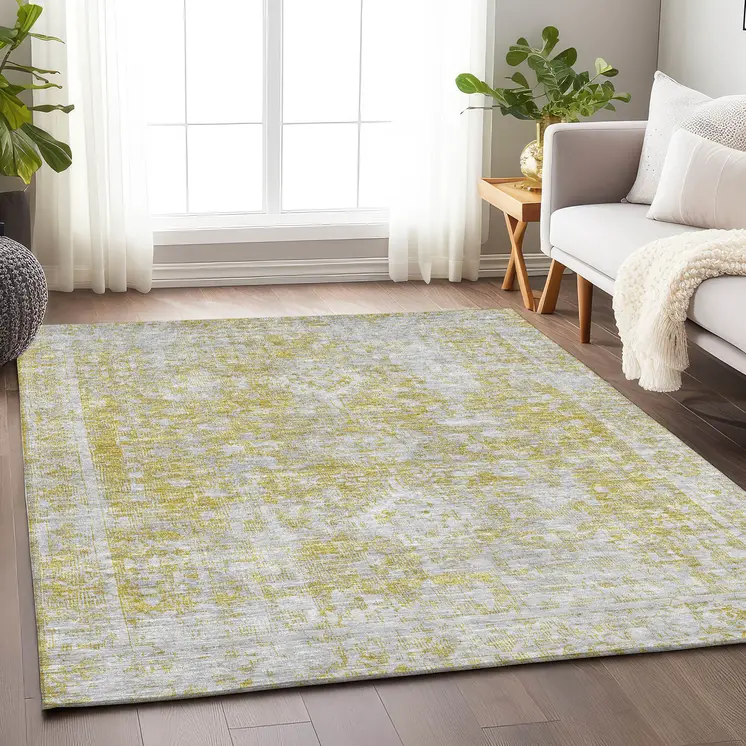 5' X 8' Gold Oriental Washable Indoor Outdoor Area Rug