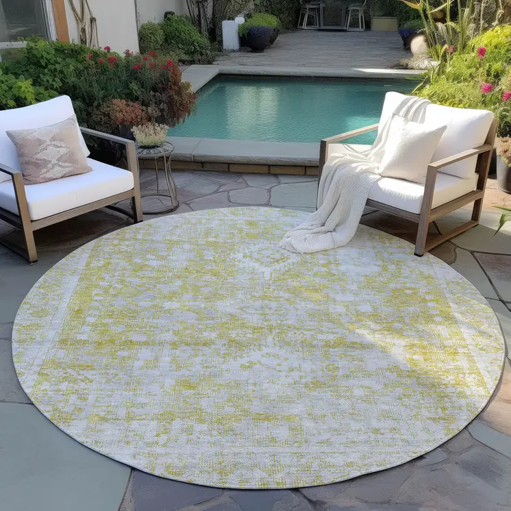8' Gold Round Oriental Washable Indoor Outdoor Area Rug