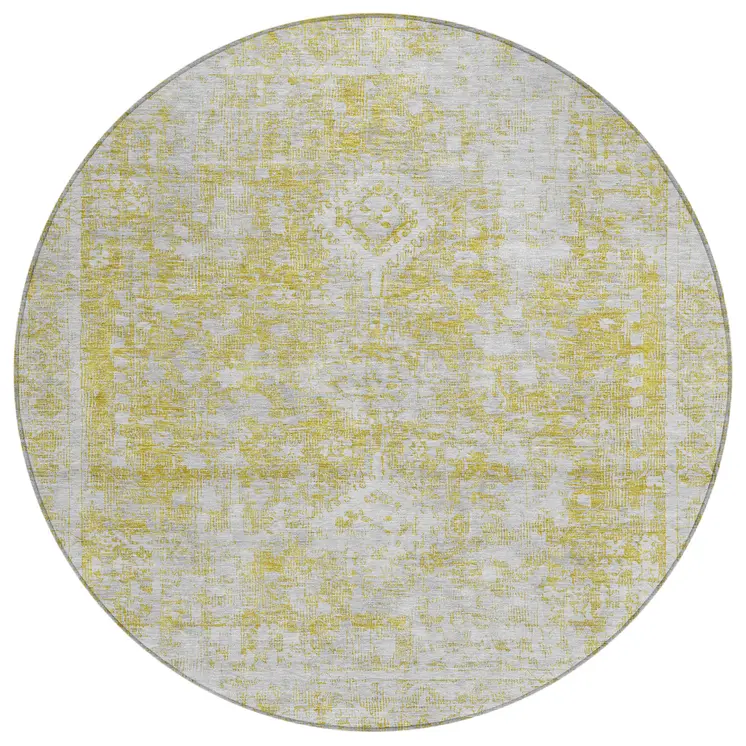 8' Gold Round Oriental Washable Indoor Outdoor Area Rug