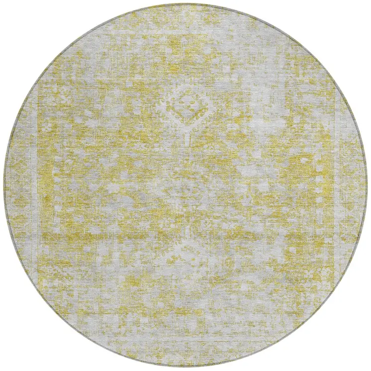 8' Gold Round Oriental Washable Indoor Outdoor Area Rug