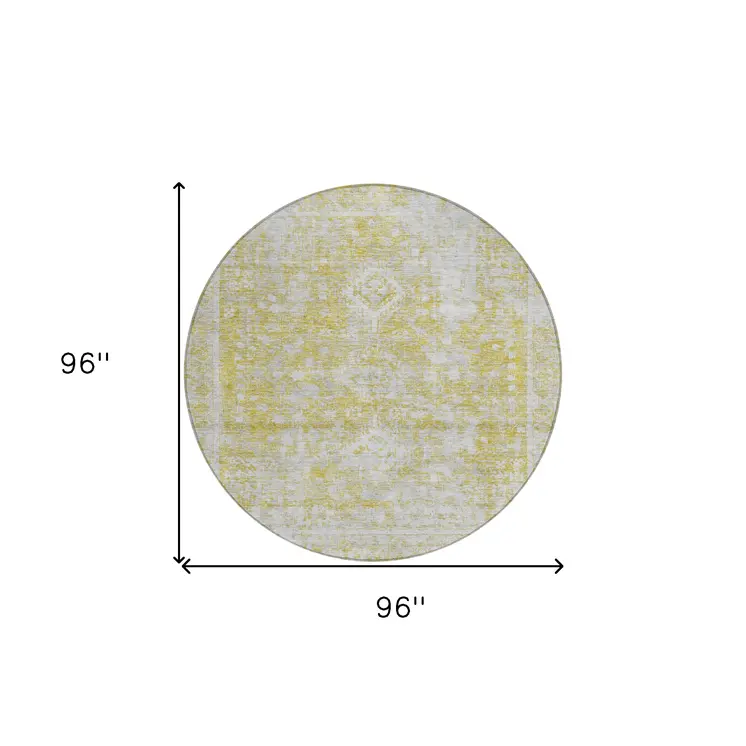8' Gold Round Oriental Washable Indoor Outdoor Area Rug