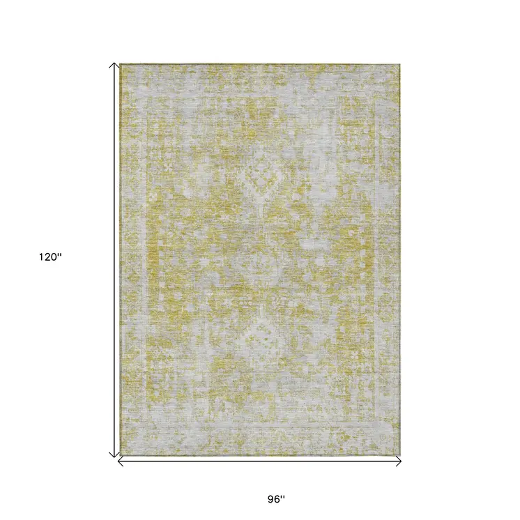 8' X 10' Gold Oriental Washable Indoor Outdoor Area Rug