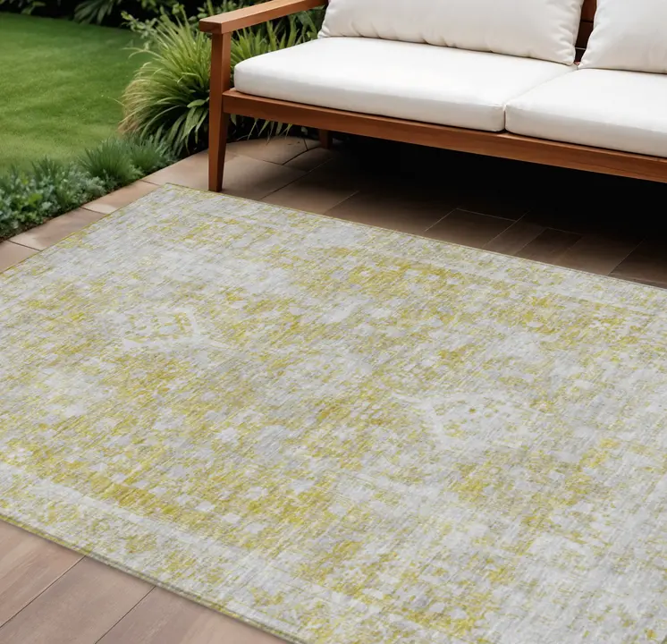 10' X 14' Gold Oriental Washable Indoor Outdoor Area Rug