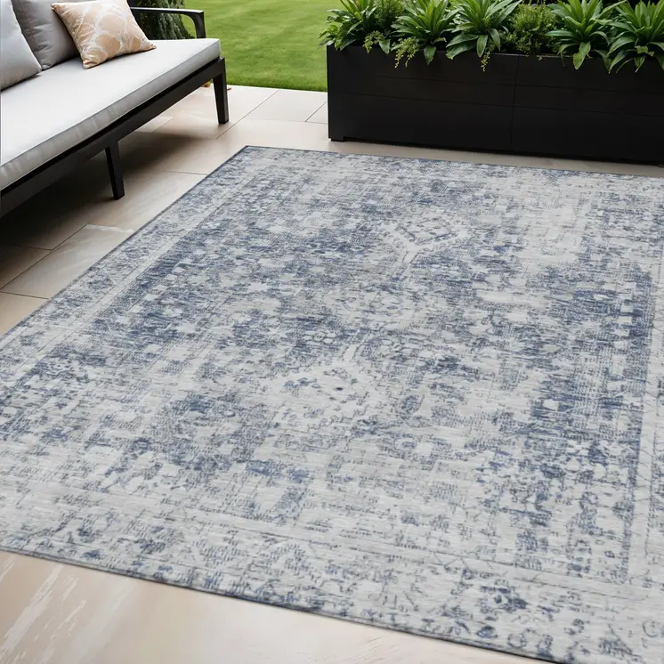 5' X 8' Navy Blue Oriental Washable Indoor Outdoor Area Rug