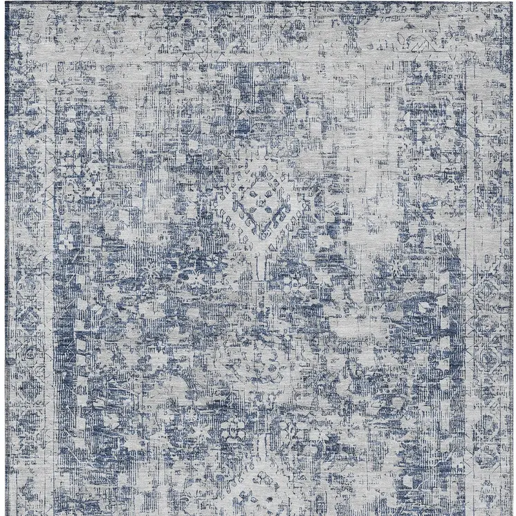 8' X 10' Navy Blue Oriental Washable Indoor Outdoor Area Rug