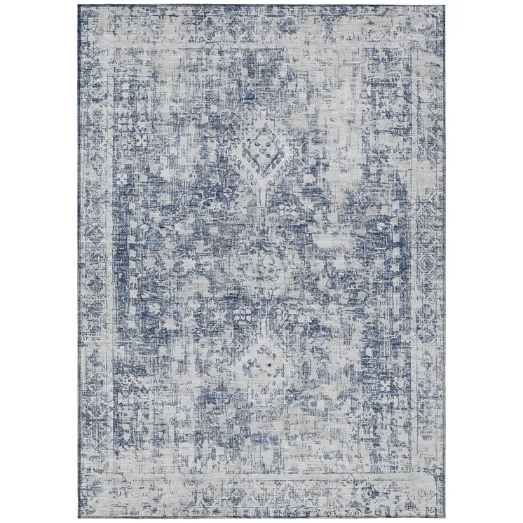 8' X 10' Navy Blue Oriental Washable Indoor Outdoor Area Rug