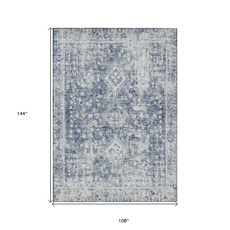 9' X 12' Navy Blue Oriental Washable Indoor Outdoor Area Rug