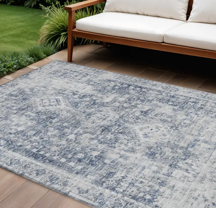 9' X 12' Navy Blue Oriental Washable Indoor Outdoor Area Rug
