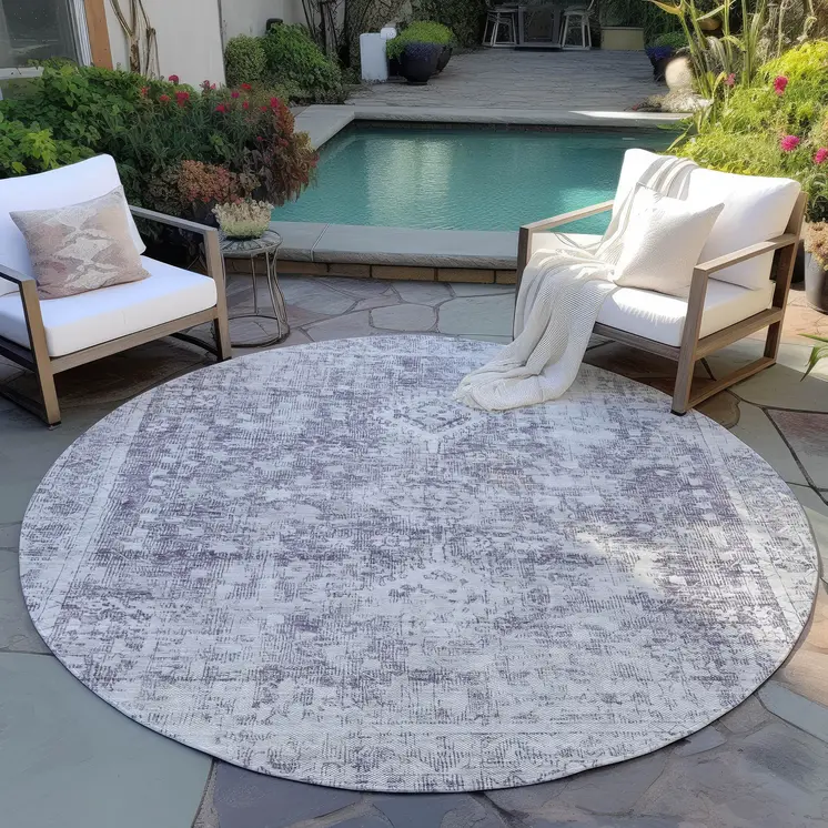 8' Plum Round Oriental Washable Indoor Outdoor Area Rug