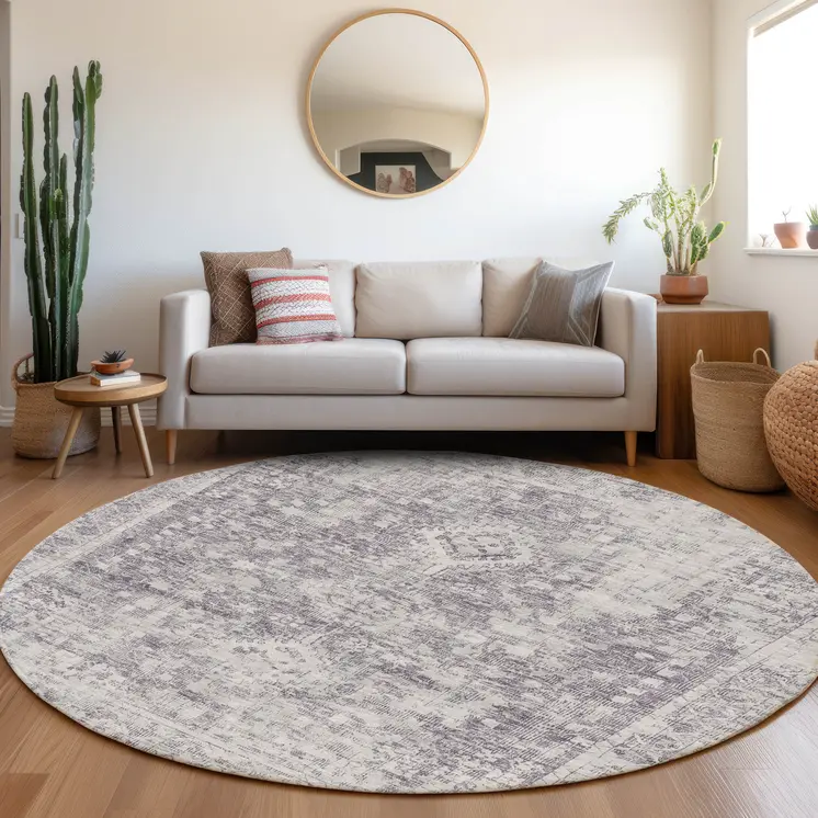 8' Plum Round Oriental Washable Indoor Outdoor Area Rug