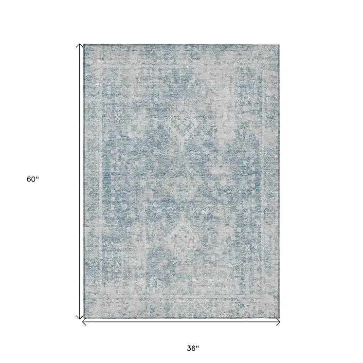 3' X 5' Sky Blue Oriental Washable Indoor Outdoor Area Rug