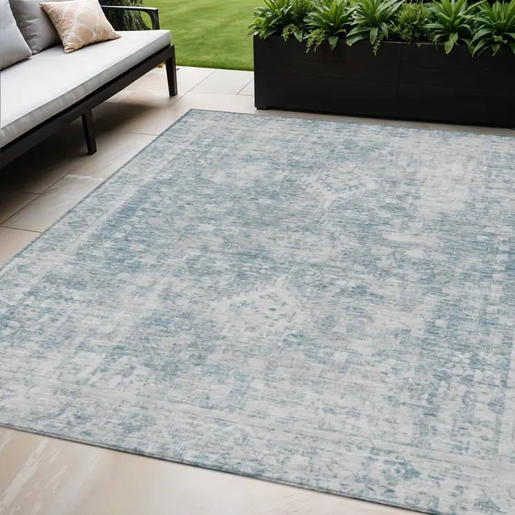 5' X 8' Sky Blue Oriental Washable Indoor Outdoor Area Rug