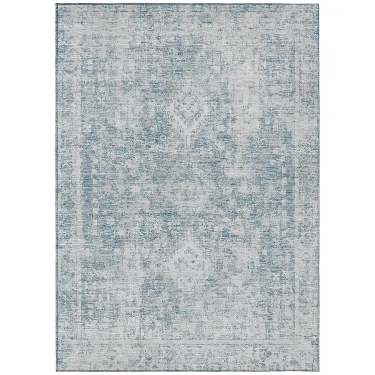 5' X 8' Sky Blue Oriental Washable Indoor Outdoor Area Rug