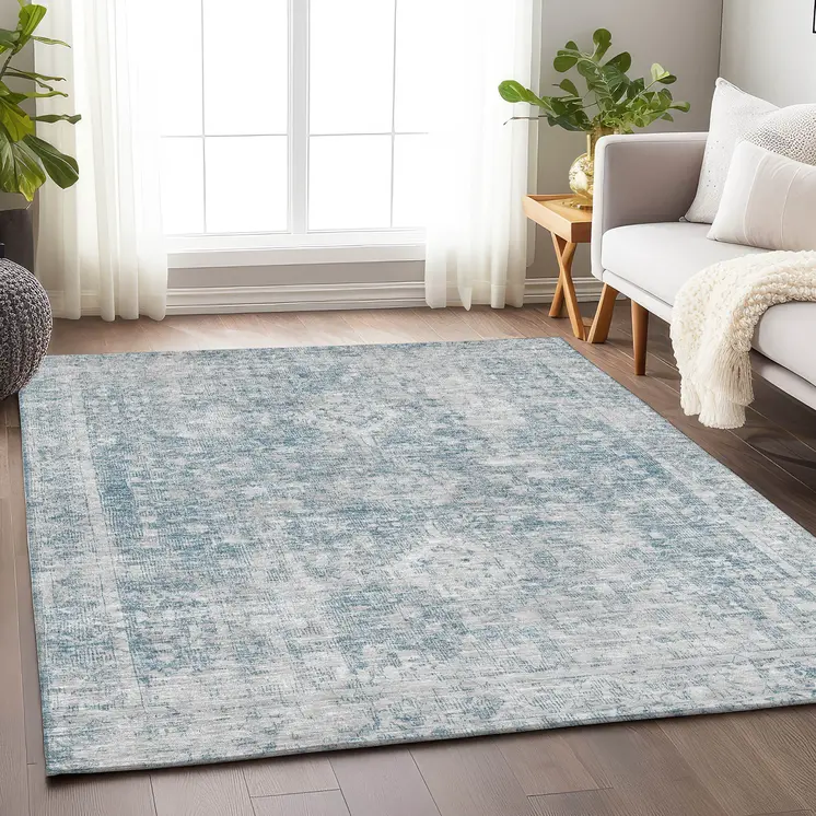 5' X 8' Sky Blue Oriental Washable Indoor Outdoor Area Rug