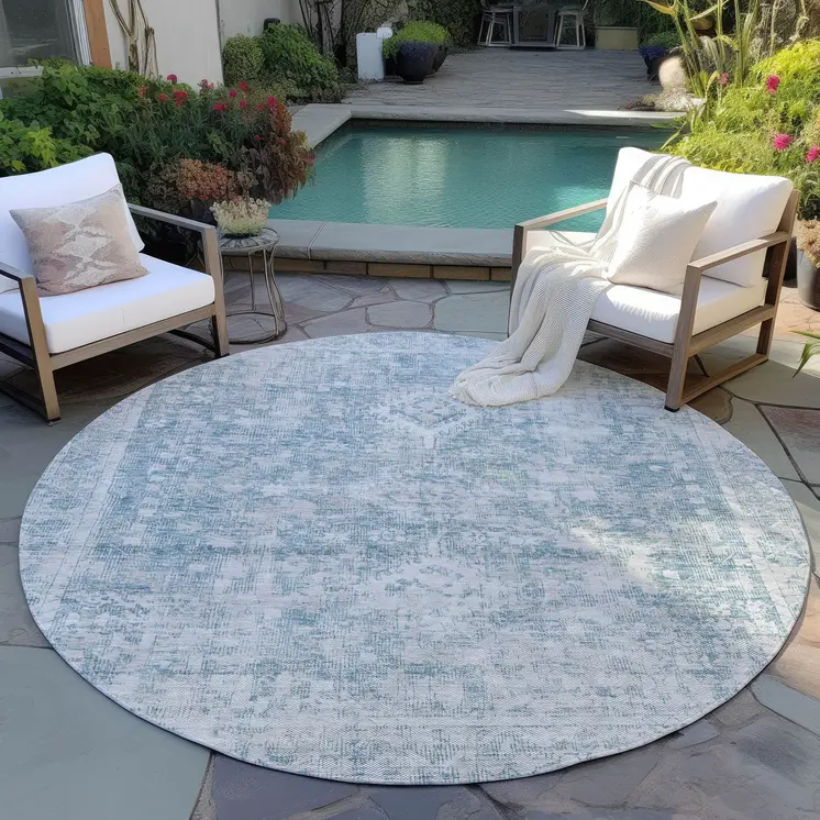 8' Sky Blue Round Oriental Washable Indoor Outdoor Area Rug