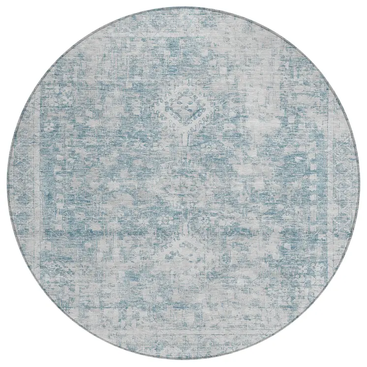 8' Sky Blue Round Oriental Washable Indoor Outdoor Area Rug