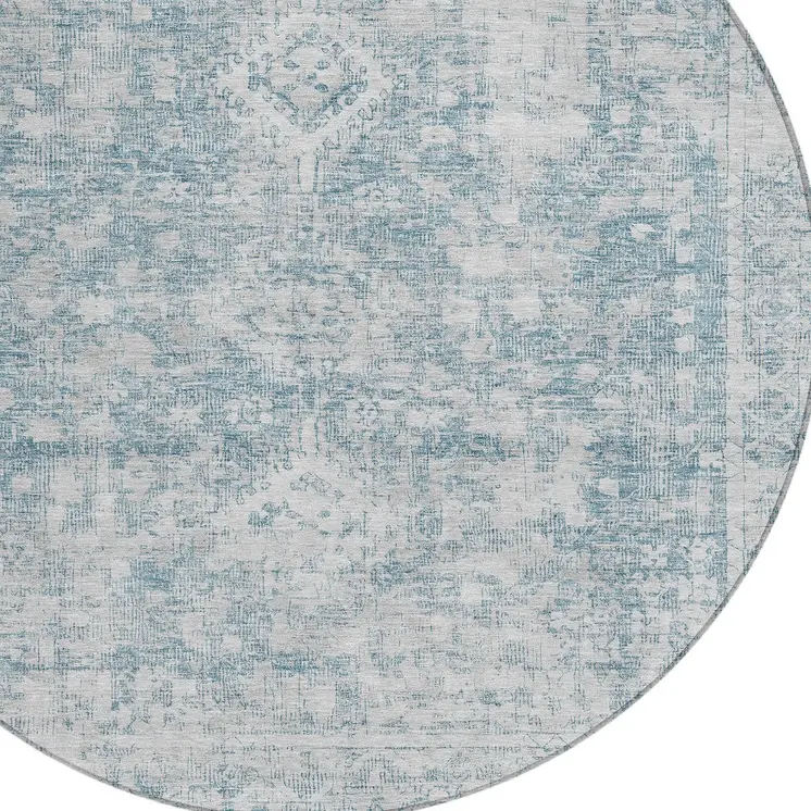 8' Sky Blue Round Oriental Washable Indoor Outdoor Area Rug