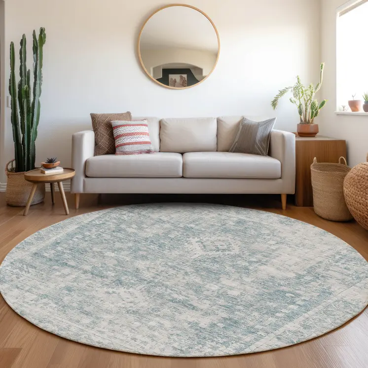 8' Sky Blue Round Oriental Washable Indoor Outdoor Area Rug