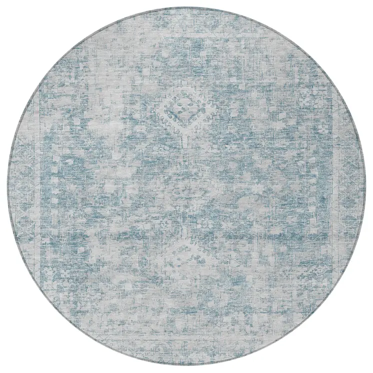 8' Sky Blue Round Oriental Washable Indoor Outdoor Area Rug