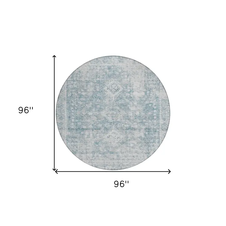 8' Sky Blue Round Oriental Washable Indoor Outdoor Area Rug